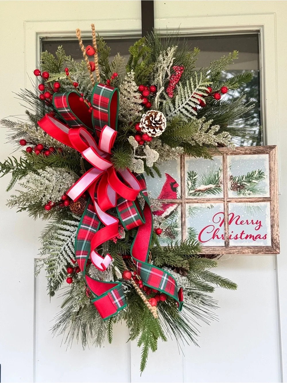 Christmas Wreath with Cardinal Window Pane Sign